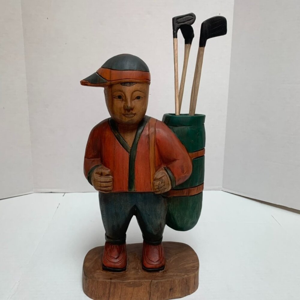 Hand Carved Wooden Golfer Sculpture Folk Art